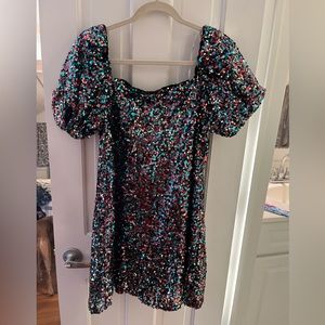 Crave it Like Candy Blue Multi Sequin Puff Sleeve Mini Dress